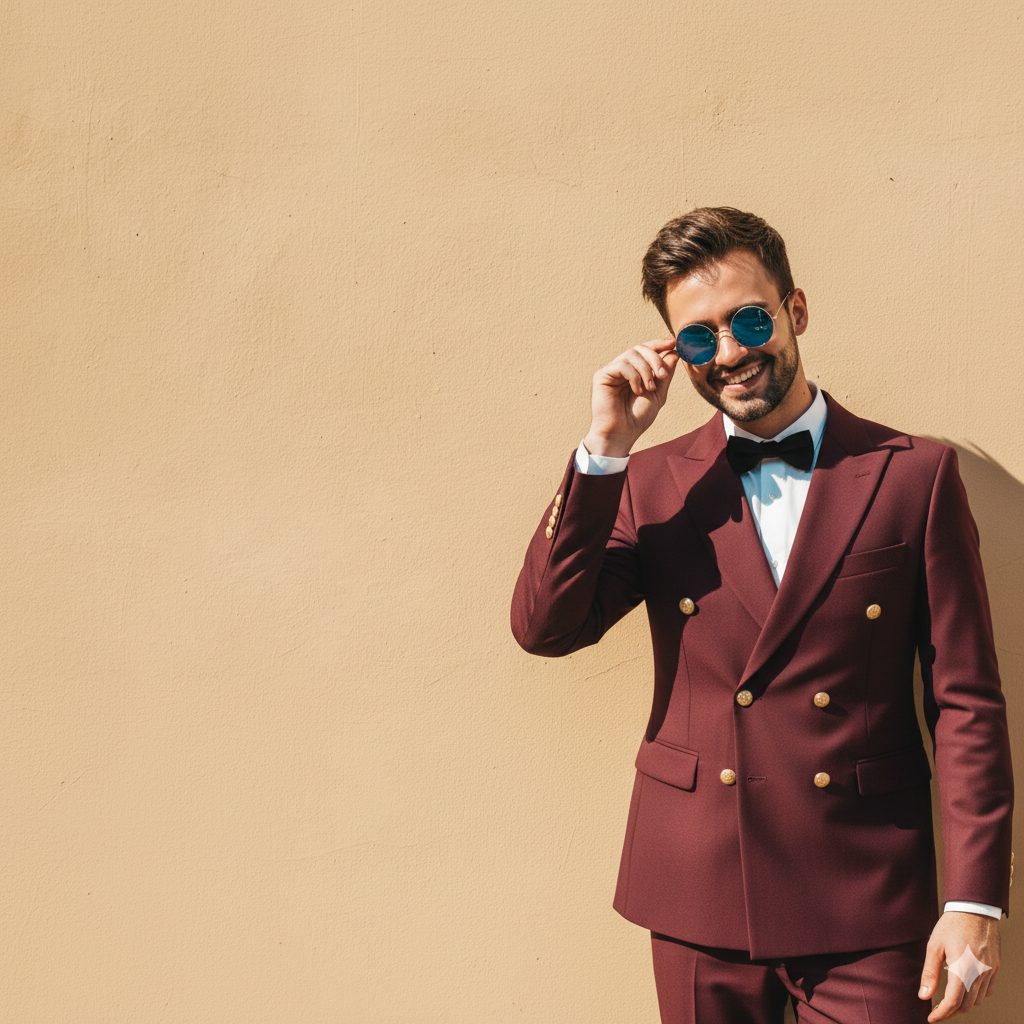 Man in a burgundy double-breasted suit against a sand wall