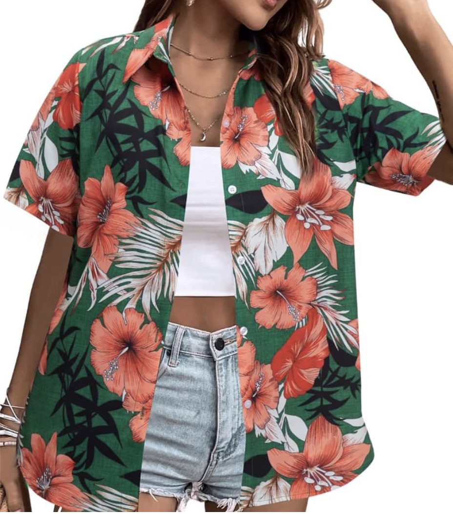 Green and coral floral resort shirt
