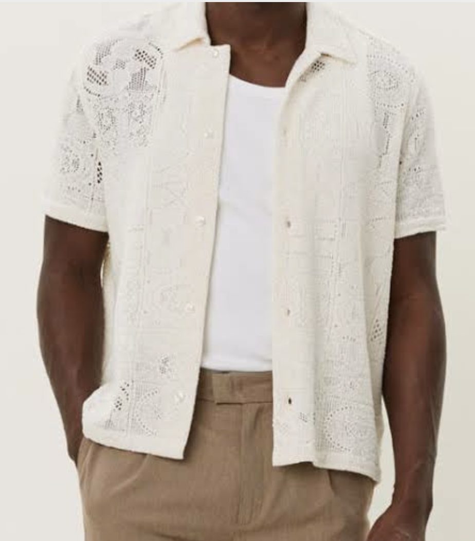 Cream lace camp-collar shirt worn open over a white tee