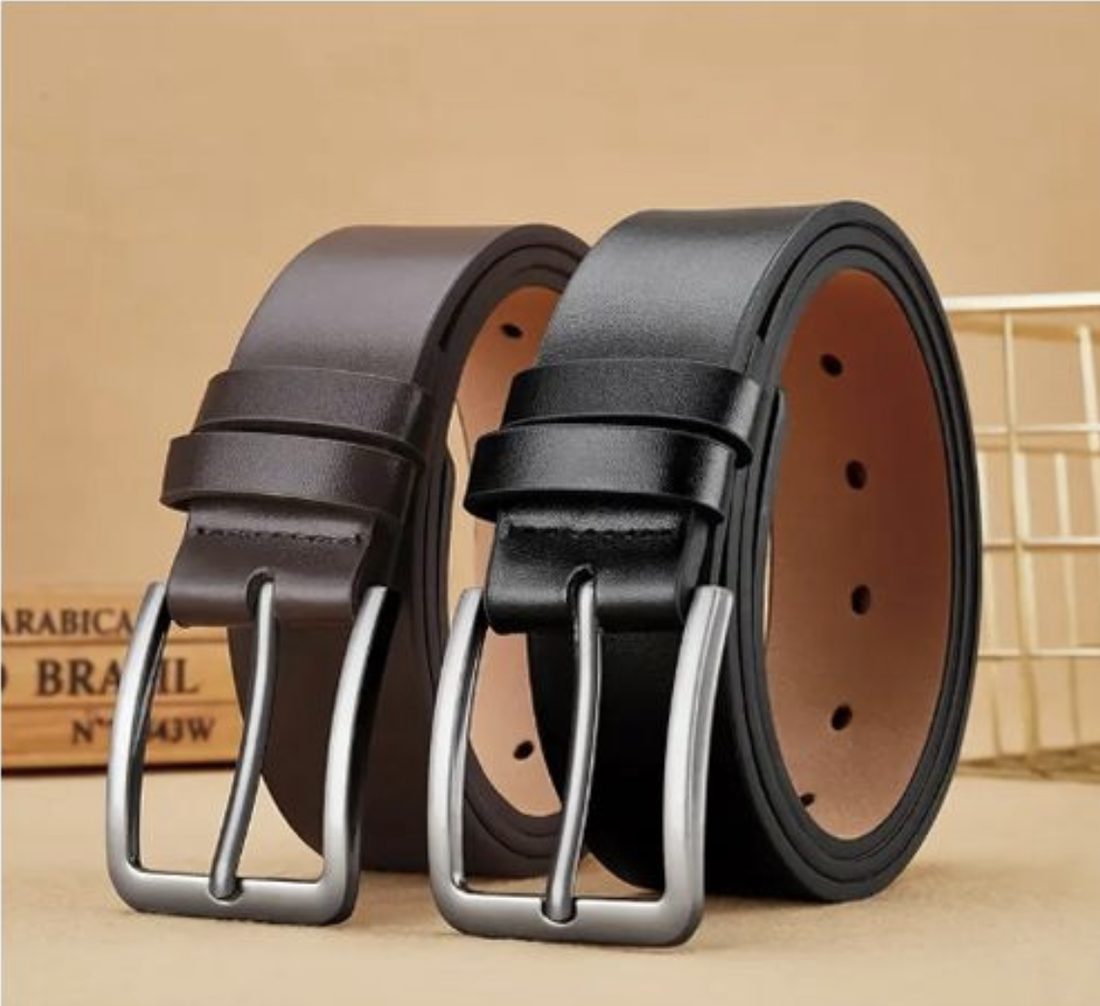 Two leather belts with brushed metal buckles