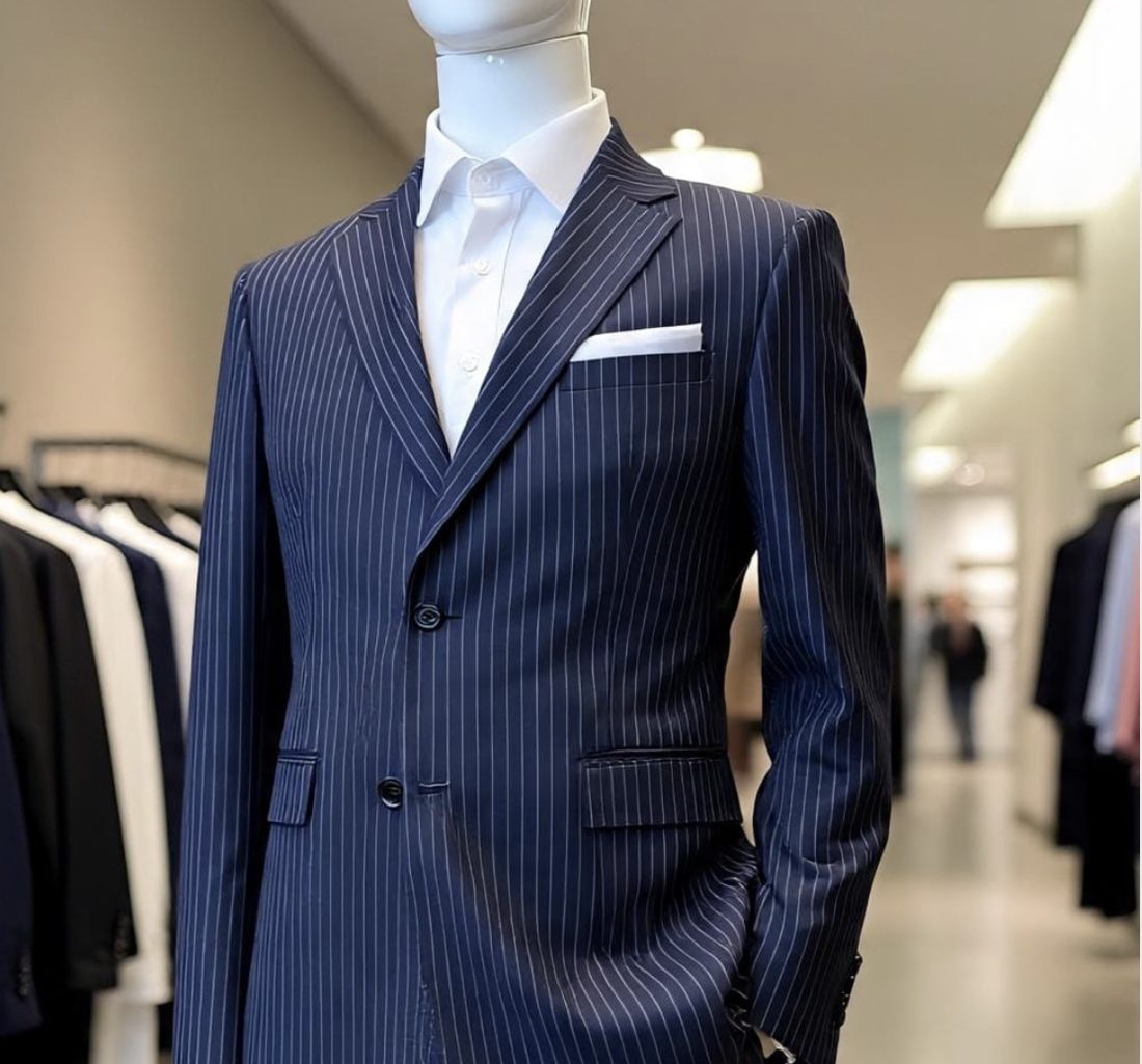 Navy pinstripe suit with a white pocket square